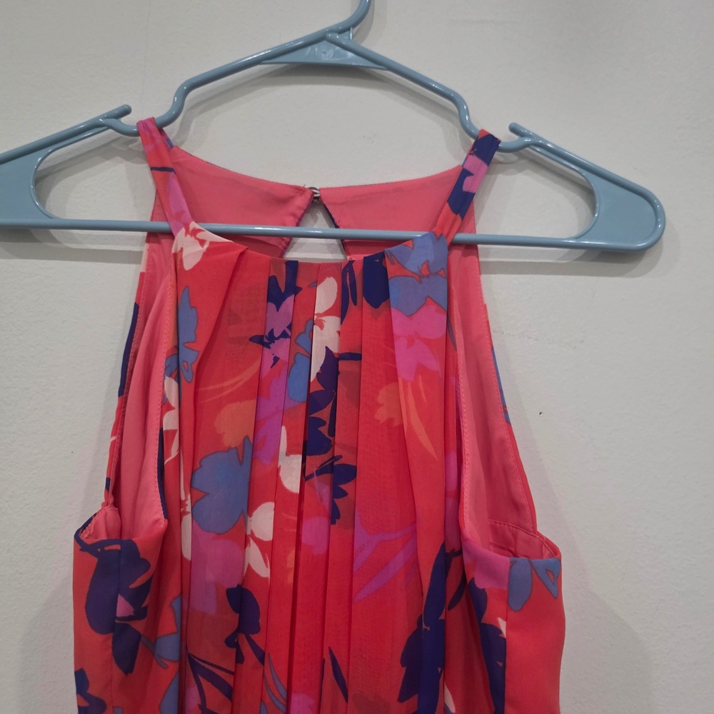 Floral High Neck High-Low Maxi Dress Pink Purple Sleeveless Halter Keyhole Back - Picture 4 of 10